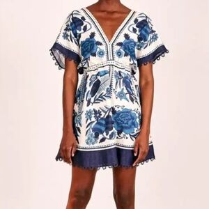 FARM Rio Tropical Tiles Floral Linen-blend Mini A-line Dress NWT Size XXS